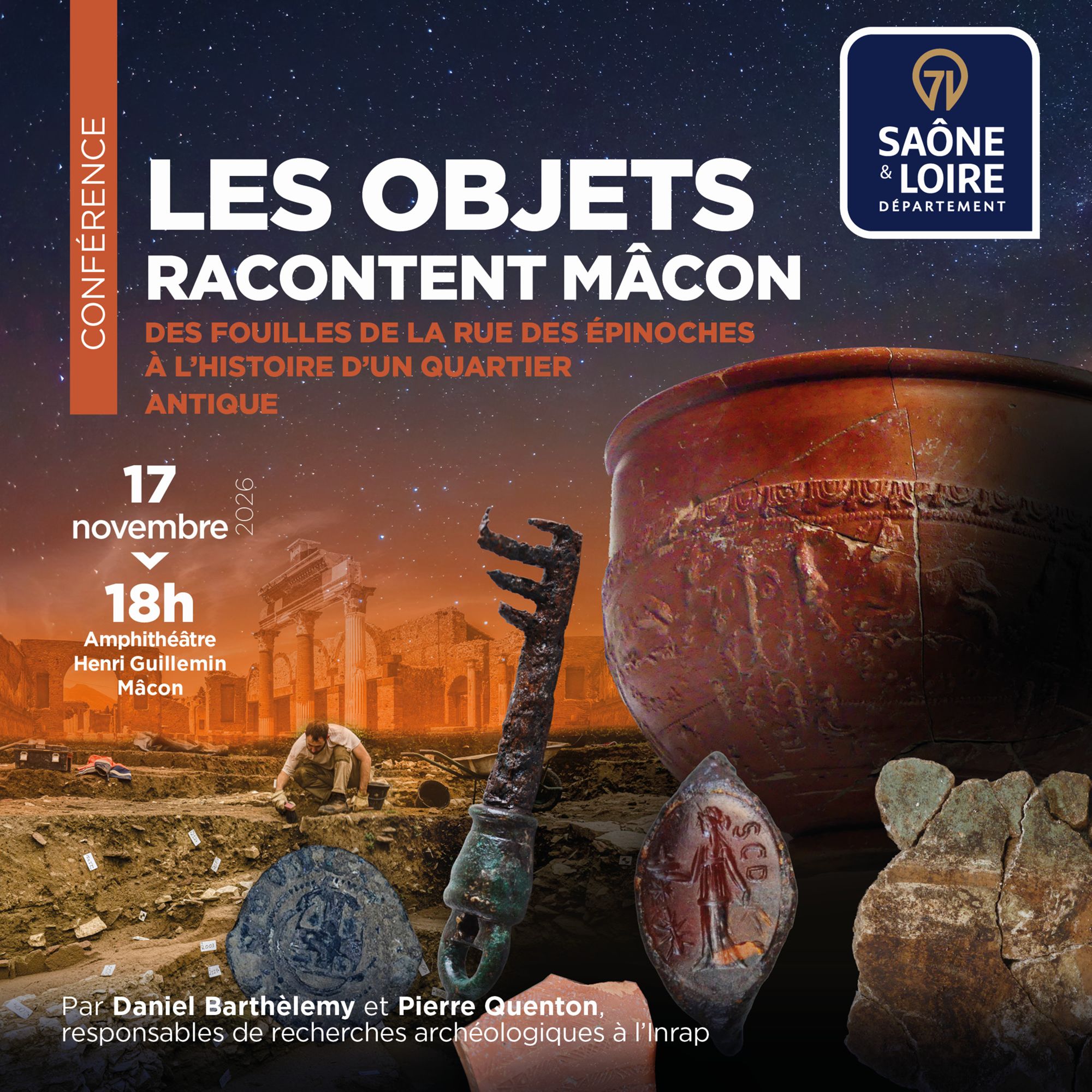 Conférence archéologique le mardi 17 novembre 2026, 18h : LES OBJETS RACONTENT MÂCON - les fouilles de la rue des Epinoches