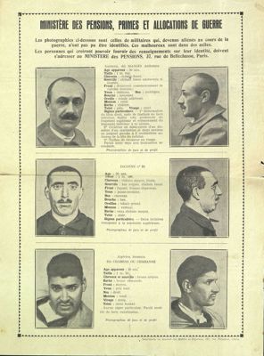 Affiche d'identification de soldats aliénés (M 1711, 1922) Page 1/2