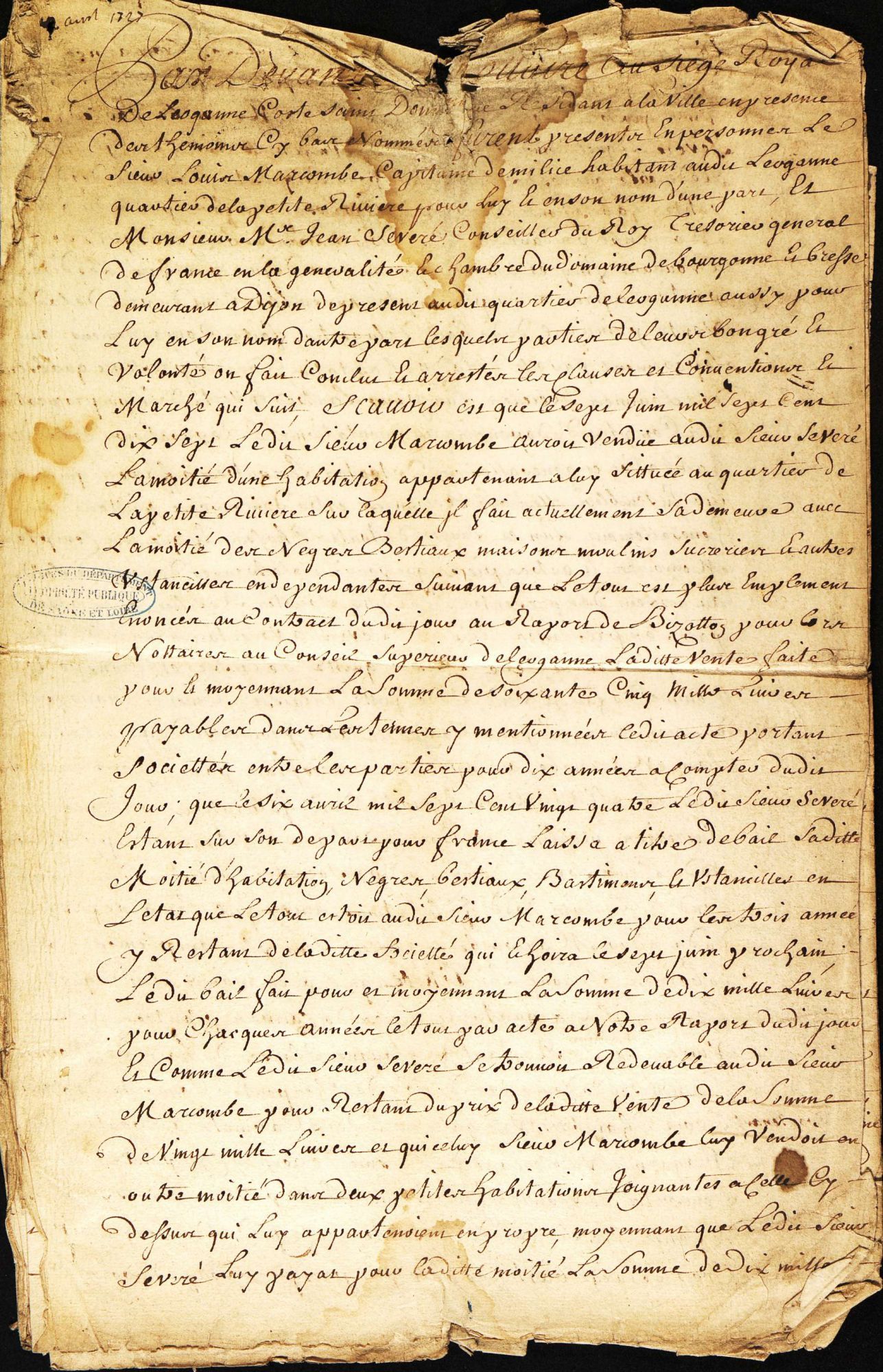 Acte de vente d'esclaves à Saint-Domingue (F 429, 1727) Page 1/4