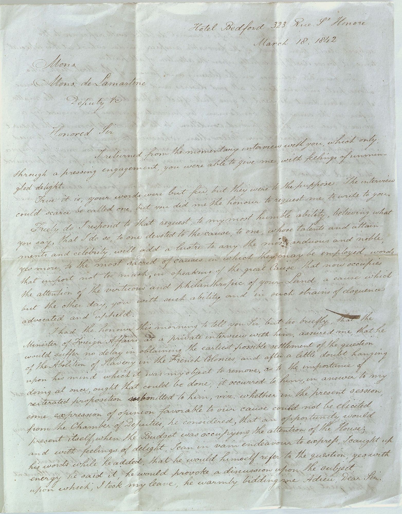 Lettre d'Edward Foster à Alphonse de Lamartine, page 1 (18 mars 1842, J 1167 - AD71)