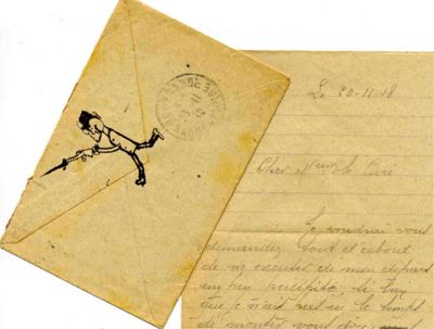  Lettre et enveloppe du soldat Bachelet représentant un poilu qui jette son arme après l'annonce de l'Armistice (13 J 1)