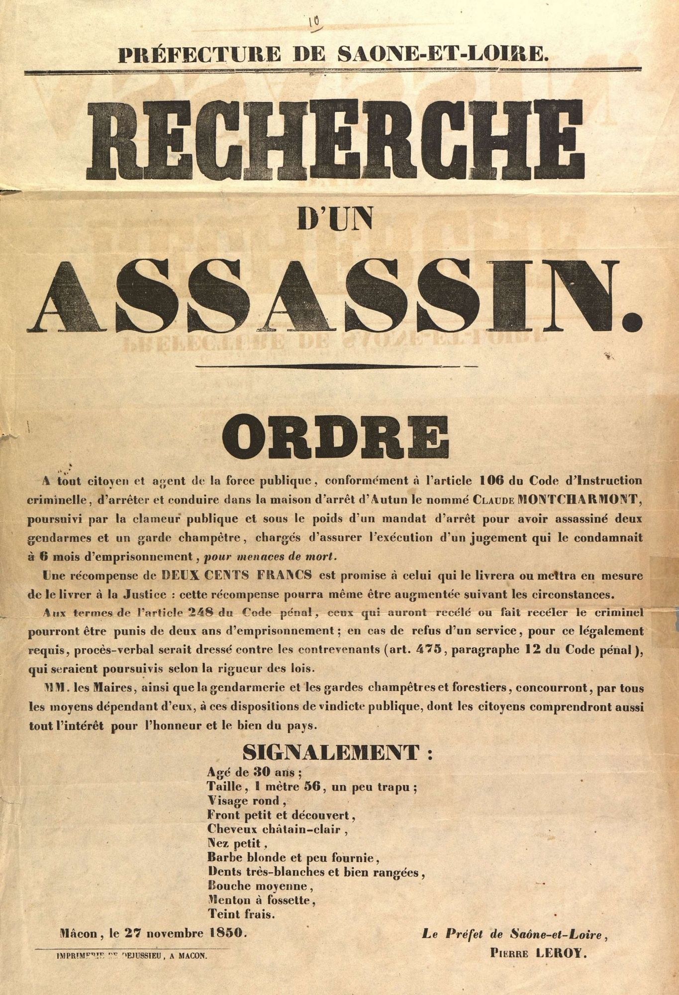 Affiche liée à l'affaire Claude Montcharmont (M 117)