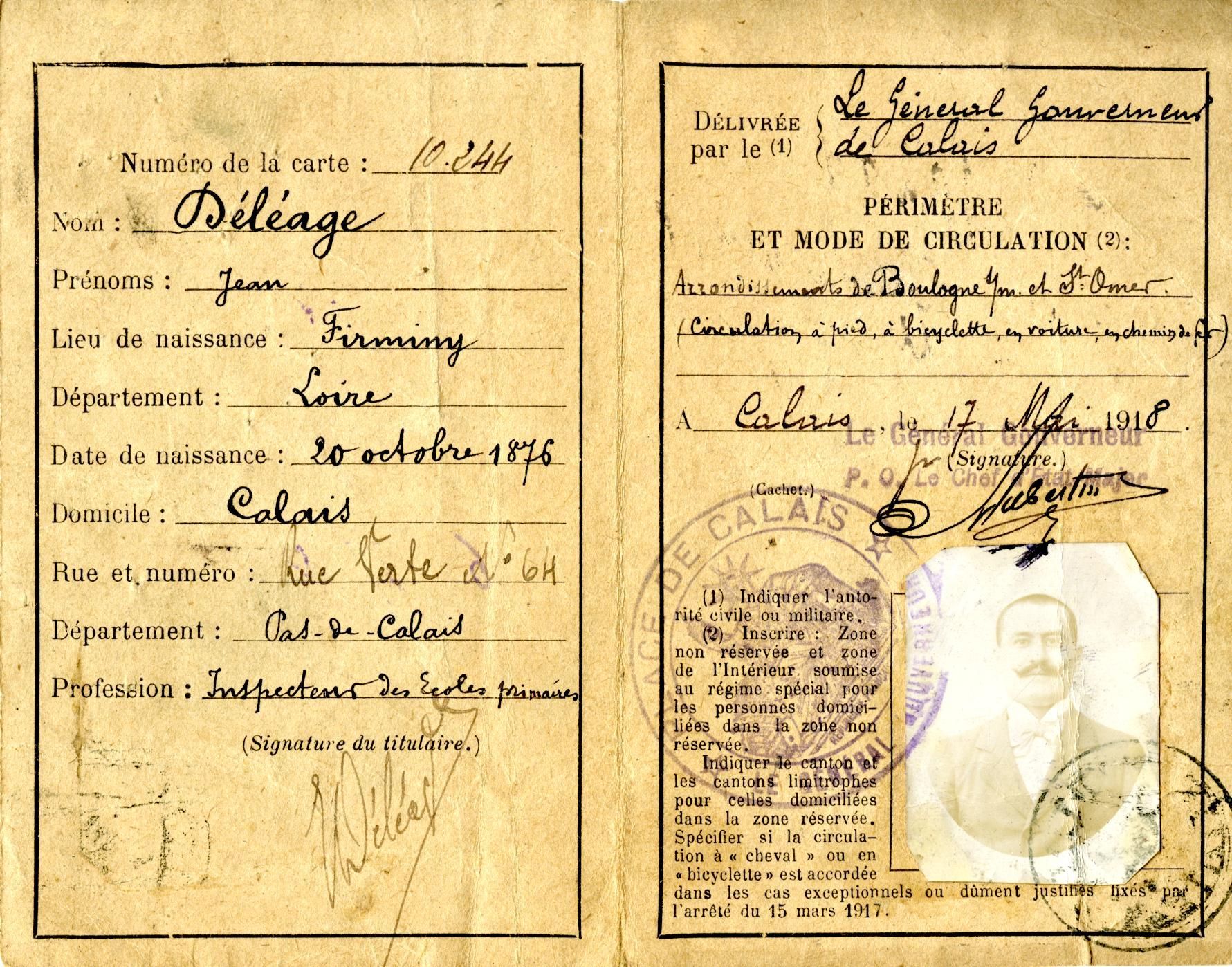 Carte de circulation d'inspecteur des écoles primaires de Jean Déléage, mai 1918.