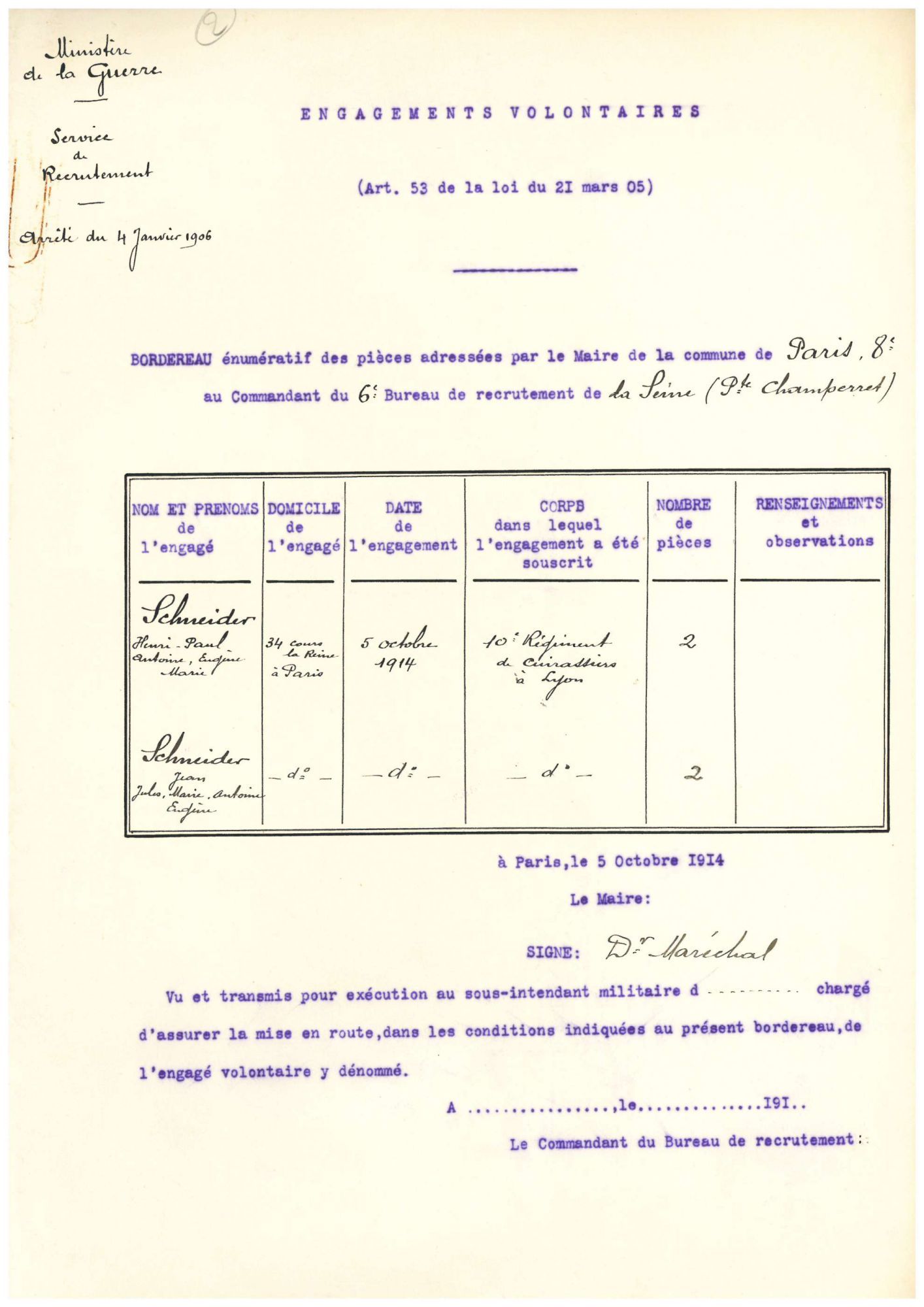 Fiche d'engagement volontaire  de Henri-Paul et Jean Schneider le 5 octobre 1914