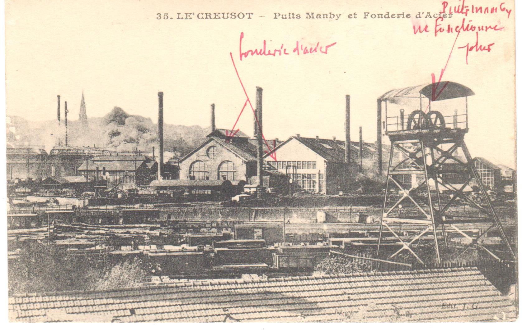 Le Creusot. Puits Manby et Fonderie d'acier. Carte postale mise en circulation le 11 juillet 1918. Collection privée.