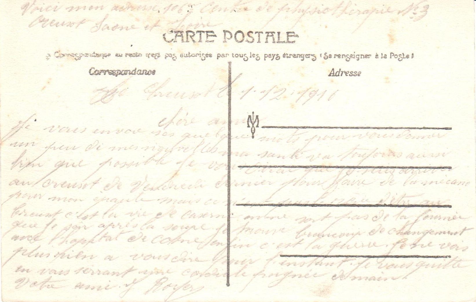 Correspondance envoyée depuis un hôpital du Creusot. Collection privée.