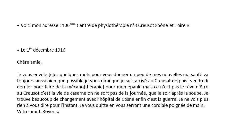 Correspondance envoyée depuis un hôpital du Creusot, transcription. Collection privée.