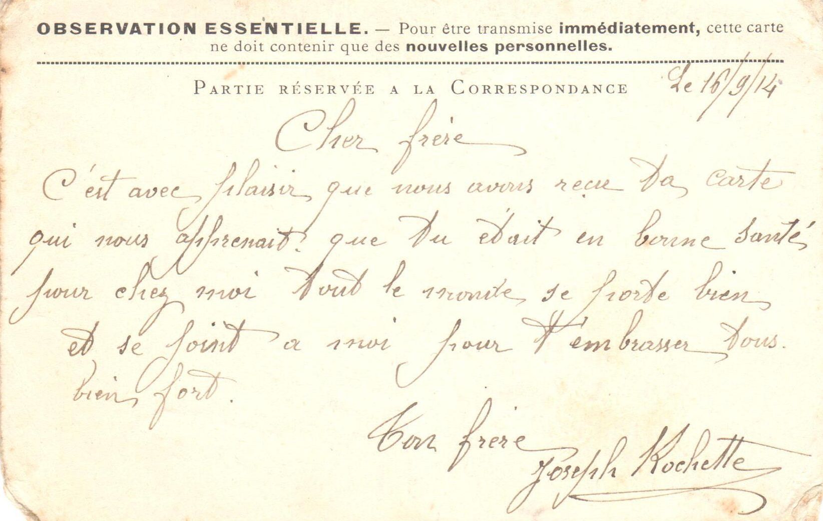 Joseph Rochette à son frère Louis, 16 septembre 1914. Collection Rochette