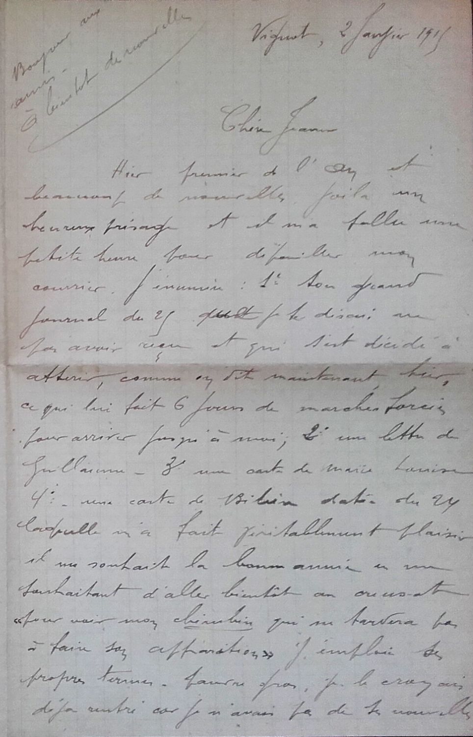 Lettre de Jean Jusot à son épouse Jeanne, 2 janvier 1915, page 1/4. CUCM, dépôt Famille Jusot