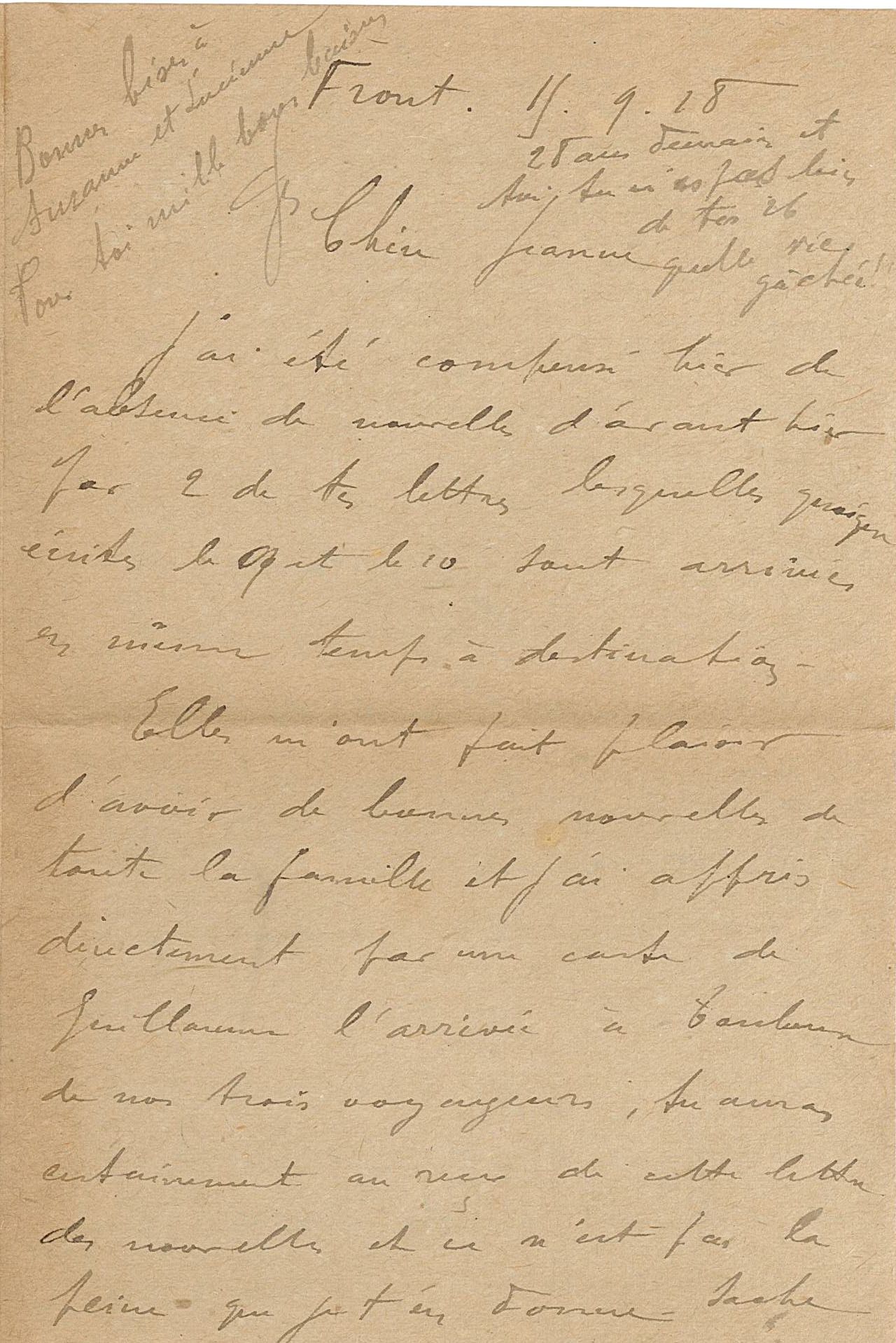 Lettre de Jean Jusot à son épouse Jeanne, 15 septembre 1918, page 1/4. CUCM, dépôt Famille Jusot