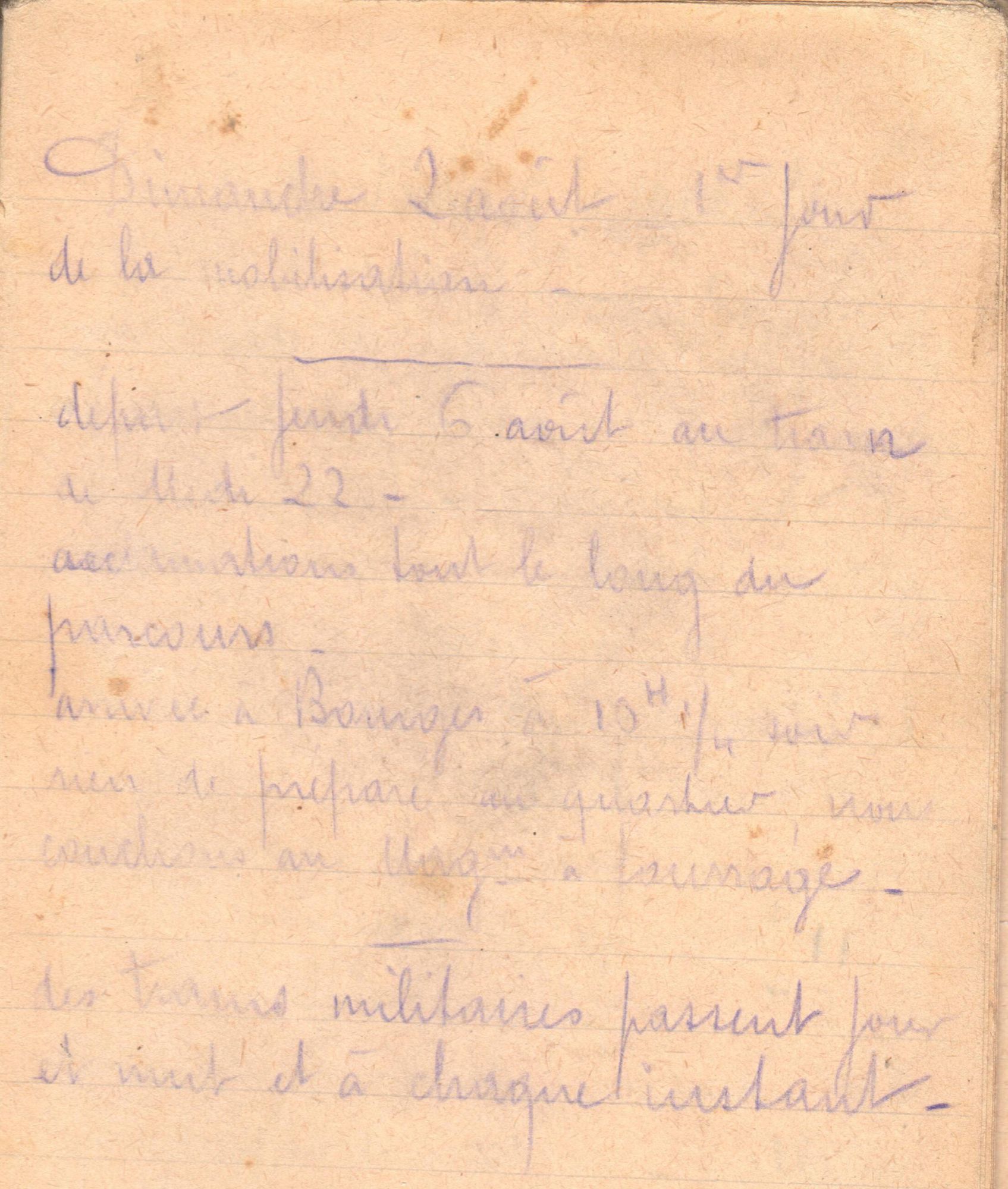 Louis Rochette, extrait du carnet, dimanche 2 août 1914. Collection Rochette