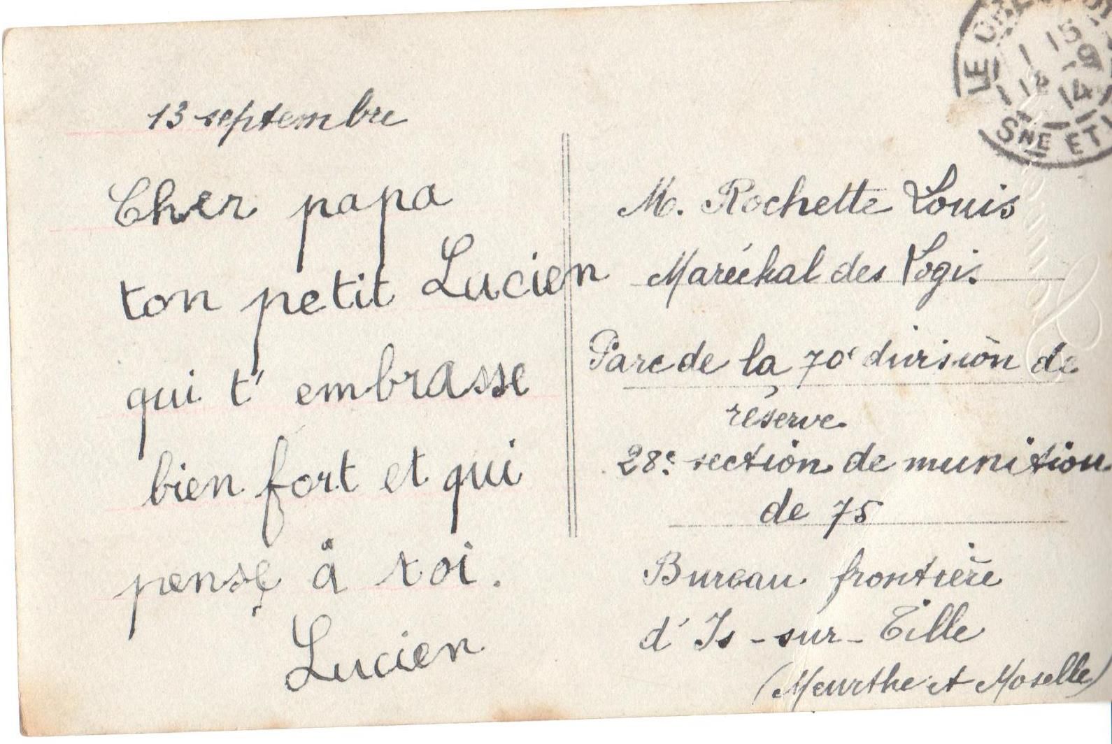 Lucien Rochette à son père, 13 septembre 1914. Collection Rochette